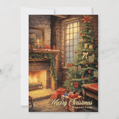 Vintage cozy interior Christmas tree and fireplace Holiday Card
