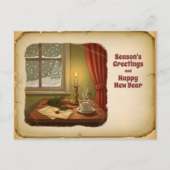 Vintage Cozy Winter Postcard – Season’s Greetings  (Front)