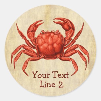 Vintage Crab Design Personalized Text Classic Round Sticker by elizme1 at Zazzle