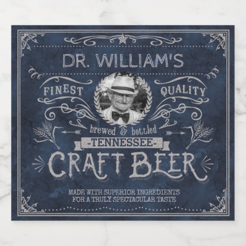 Vintage Craft Beer Custom Brewer Photo Blue Gray Beer Bottle Label