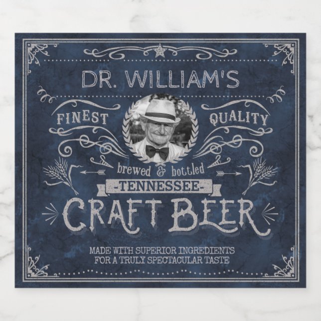 Vintage Craft Beer Custom Brewer Photo Blue Gray Bottle Label (Single Label)