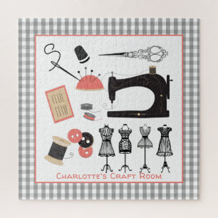 Vintage Crafty Sewing Theme Design Personalized Jigsaw Puzzle