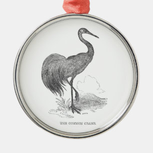 Vintage Crane Bird Pen and Ink Drawing Metal Ornament