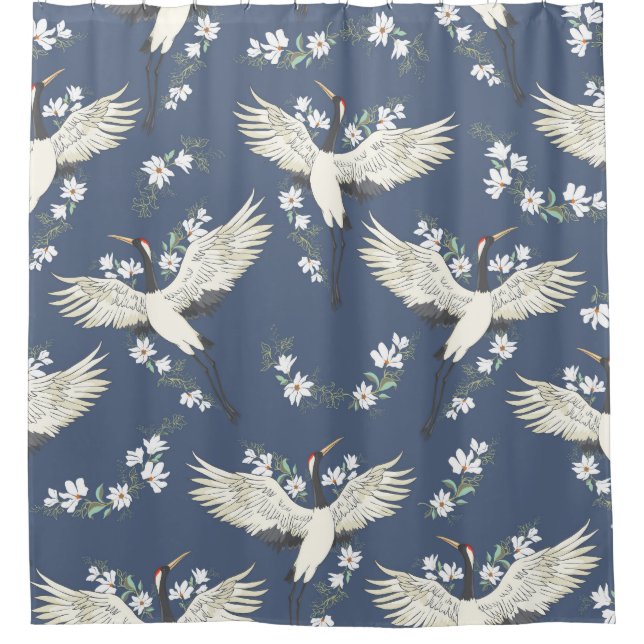 Vintage Crane: Flying Bird Pattern Shower Curtain (Front)