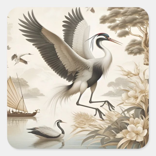 Vintage Cranes Crane Birds Wallpaper Square Sticker (Front)