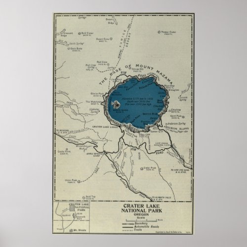 Vintage Crater Lake National Park Map 1919 Poster