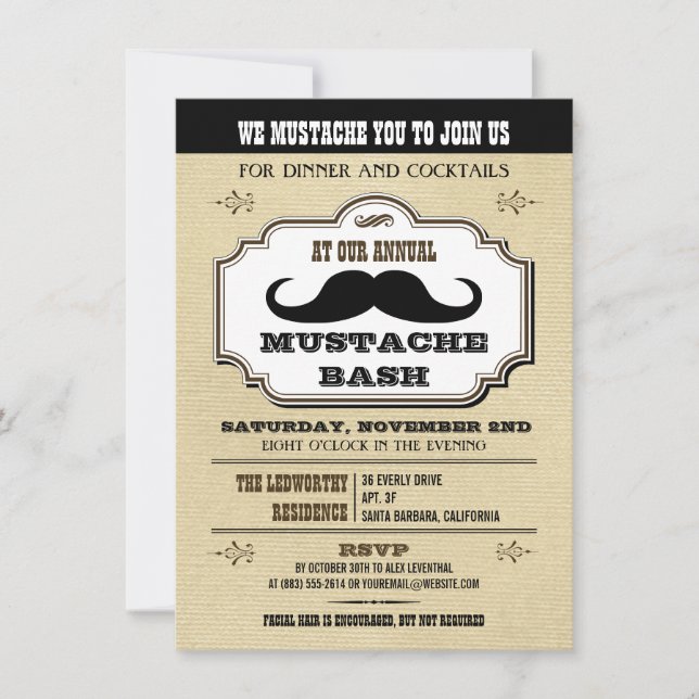 Vintage Cream and Brown Mustache Bash Invitation (Front)