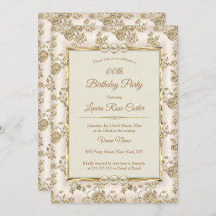 Vintage cream Beige Damask rose old Gold Birthday Invitation