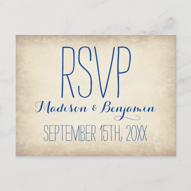 Vintage Cream Blue Rustic Wedding RSVP POSTCARDS (Front)