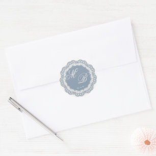 Vintage Cream Chantilly Lace Dusty Blue Monogram Classic Round Sticker
