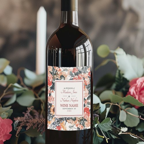 Vintage Cream Cottagecore Floral Wedding Wine Label