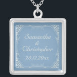 Vintage Cream Floral Frame on Dusk Blue Wedding Silver Plated Necklace<br><div class="desc">A vintage style design for your upcoming nuptials featuring a cream floral swirl frame on a dusk blue background. The text is fully customizable for your own special occasion. This elegant design coordinates with the Vintage Cream Floral Frame on Dusk Blue Wedding Collection. If you need assistance with the customization...</div>