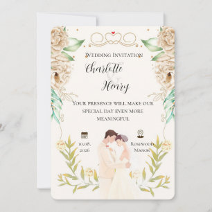 Vintage Cream Floral Itinerary Icons Wedding Invit Invitation