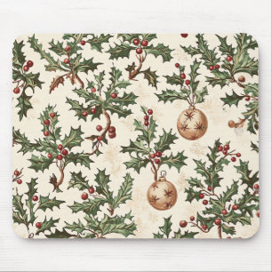 Vintage Cream Holly Berry Gold Bauble Christmas Mouse Pad