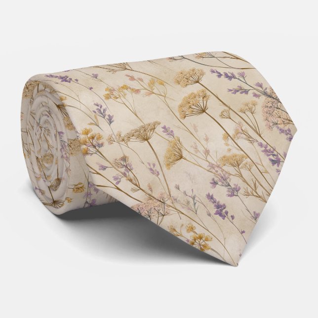 Vintage Cream & Lavender Wildflower Wedding Neck Tie (Rolled)