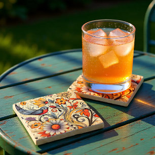 Vintage Cream & Orange Floral Bird Cottagecore  Stone Coaster