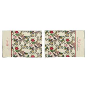 Vintage Cream Red Victorian Birds Floral Pillow Case