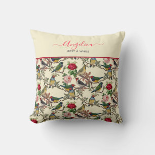 Vintage Cream Red Victorian Birds Floral Throw Pillow
