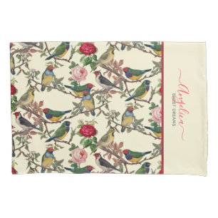 Vintage Cream Red Victorian Floral Birds Pillow Case