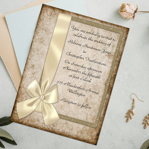Vintage Cream Ribbon and Brown Wedding Invitations