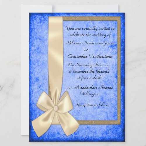 Vintage Cream Ribbon on Blue Wedding Invitations