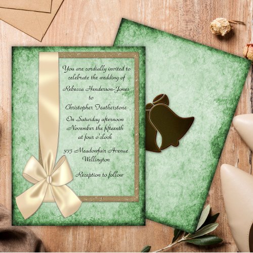 Vintage Cream Ribbon on Green Wedding Invitations