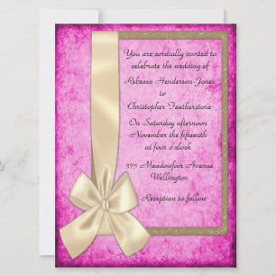 Vintage Cream Ribbon on Pink Wedding Invitations