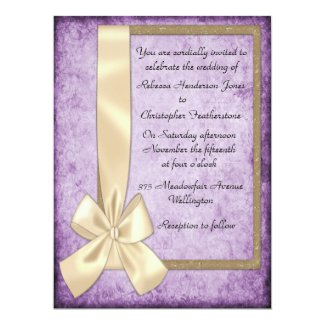 Vintage Cream Ribbon on Purple Wedding Invitation