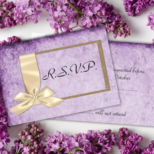 Vintage Cream Ribbon on Purple Wedding RSVP Card