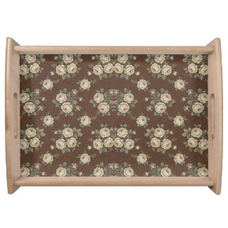 Vintage Cream Roses on Mocha Brown Pattern Serving Tray
