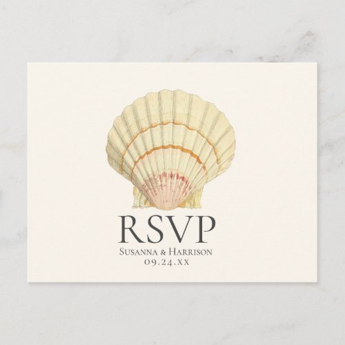 Vintage Cream Scallop Seashell Wedding RSVP Invitation Postcard