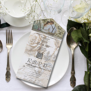 Vintage Cream Silver Roses Floral QR Code Photo All In One Invitation