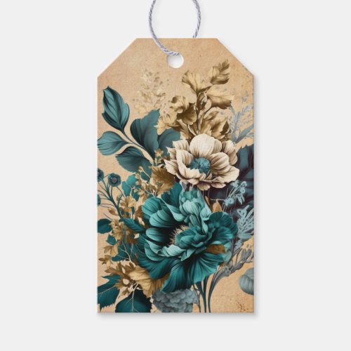 Vintage Cream Teal  Gold Boho Floral Bouquet Gift Tags