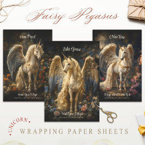 Vintage Cream Unicorn Pegasus Floral Fantasy Wrapping Paper Sheets