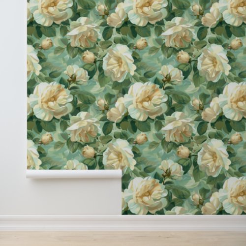 Vintage creamy roses  green petals romantic style wallpaper 