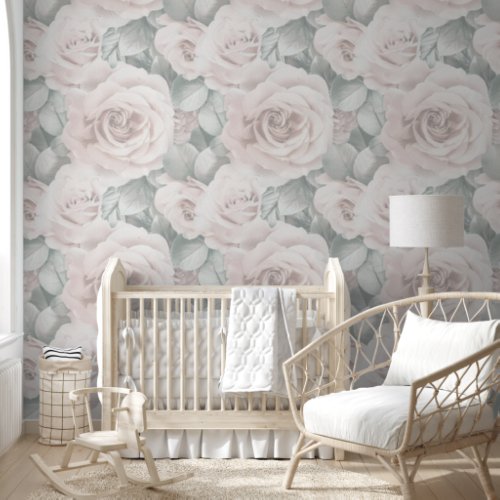 Vintage creamy roses  green petals romantic style wallpaper 