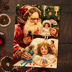 Vintage Creepy Christmas Santa Puts Dolls On Child Holiday Card