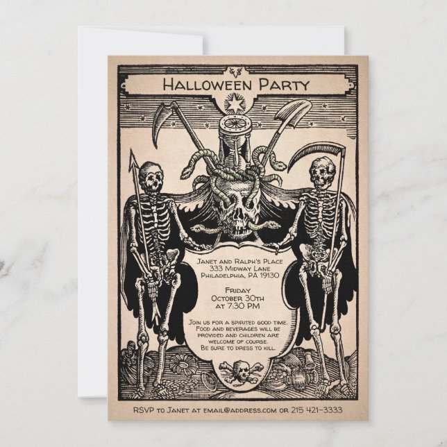 Vintage Creepy Customizable Skeleton Invitation (Front)