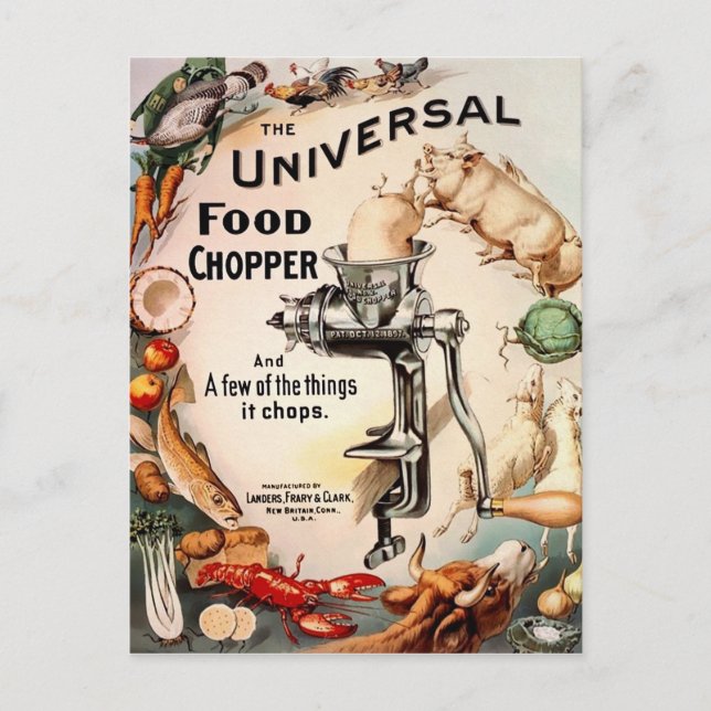 Vintage Creepy Food Chopper Ad Postcard (Front)