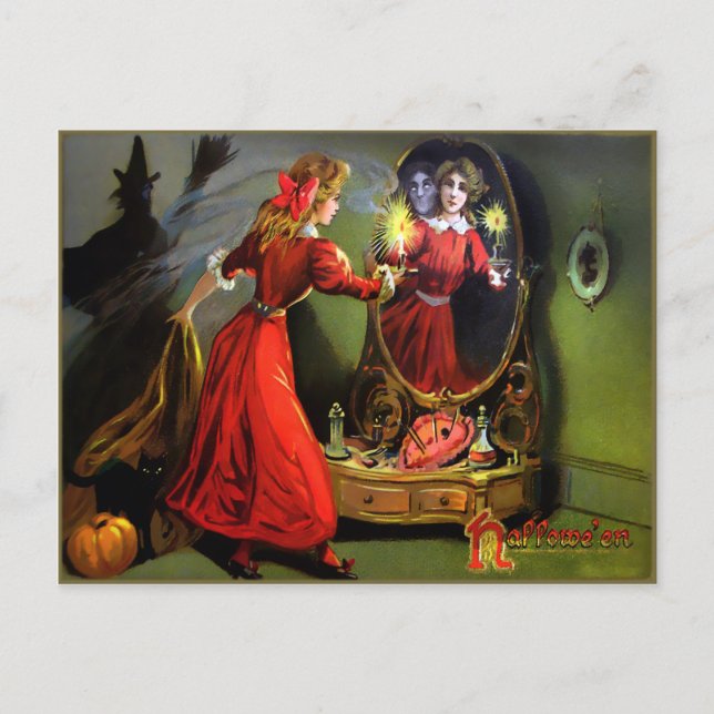 Vintage Creepy Halloween Mirror Postcard (Front)