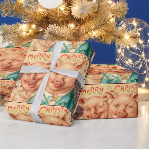 Vintage Creepy Pigs Christmas Couple Wrapping Paper