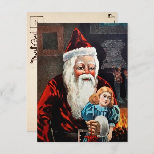 Vintage Creepy Santa and Doll Postcard