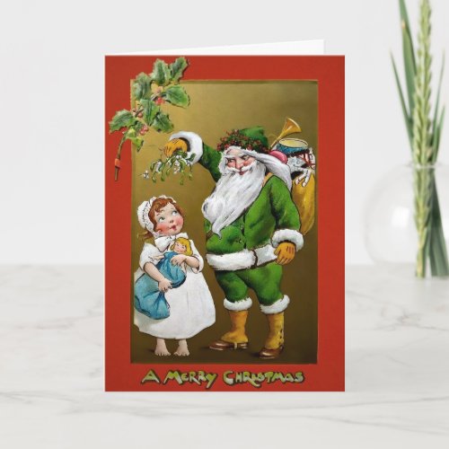 Vintage Creepy Santa with Little Girl Mistletoe Holiday Card