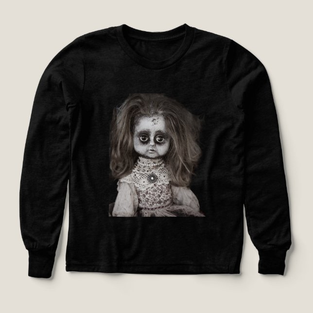 Vintage Creepy Scary Haunted Doll Tri-Blend Shirts (Design Front)