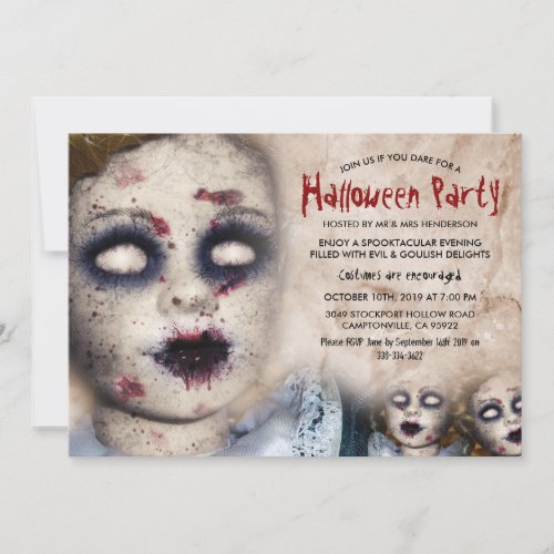 Vintage Creepy Zombie Doll Halloween Party Invitation