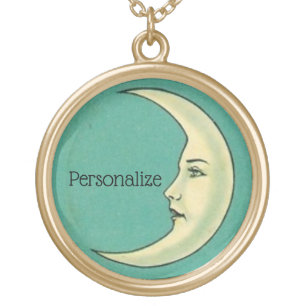 Vintage crescent moon la luna face teal yellow gold plated necklace