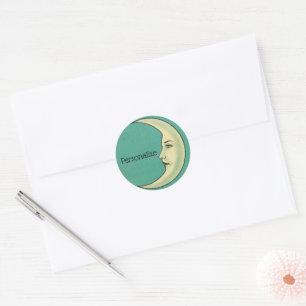 Vintage crescent moon la luna teal and yellow classic round sticker