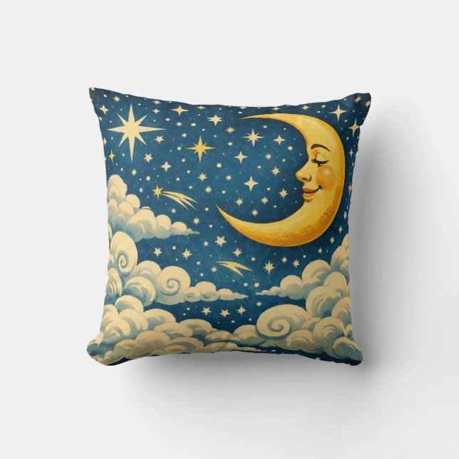Vintage Crescent Moon Night Sky Throw Pillow (Front)