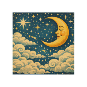 Vintage Crescent Moon Night Sky Wood Wall Art