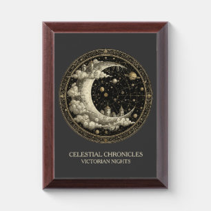 Vintage Crescent Moon with Clouds, Retro Victorian Award Plaque